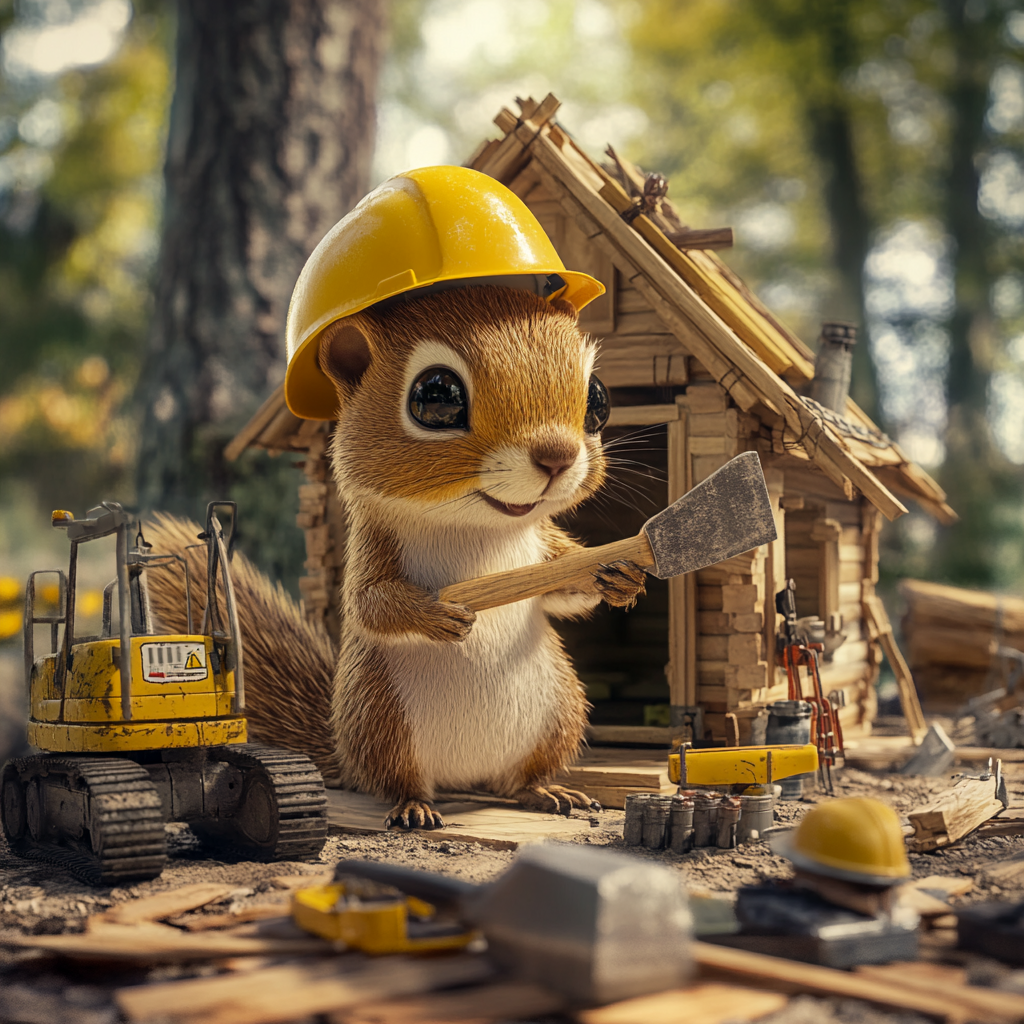 Squirrel engineer builds wooden cabin with tools and materials.