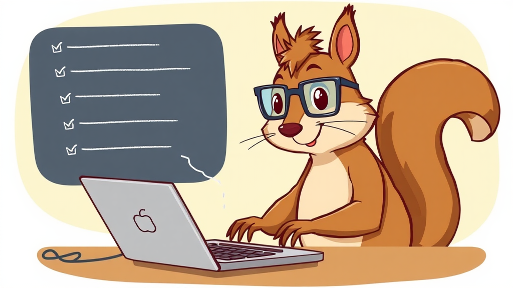 Squirrel with glasses typing on laptop for tips.