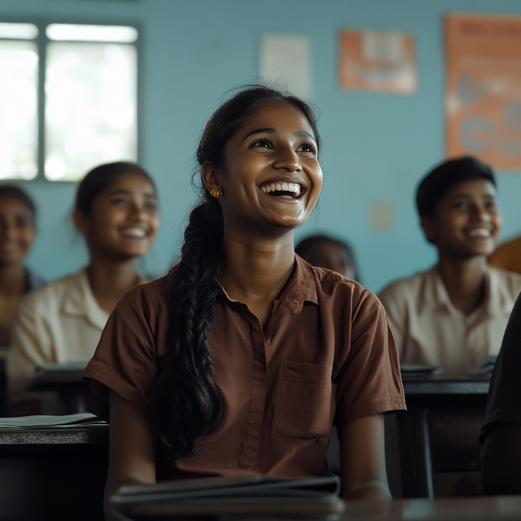 Sri Lankan students laughing in classroom, cinematic style.