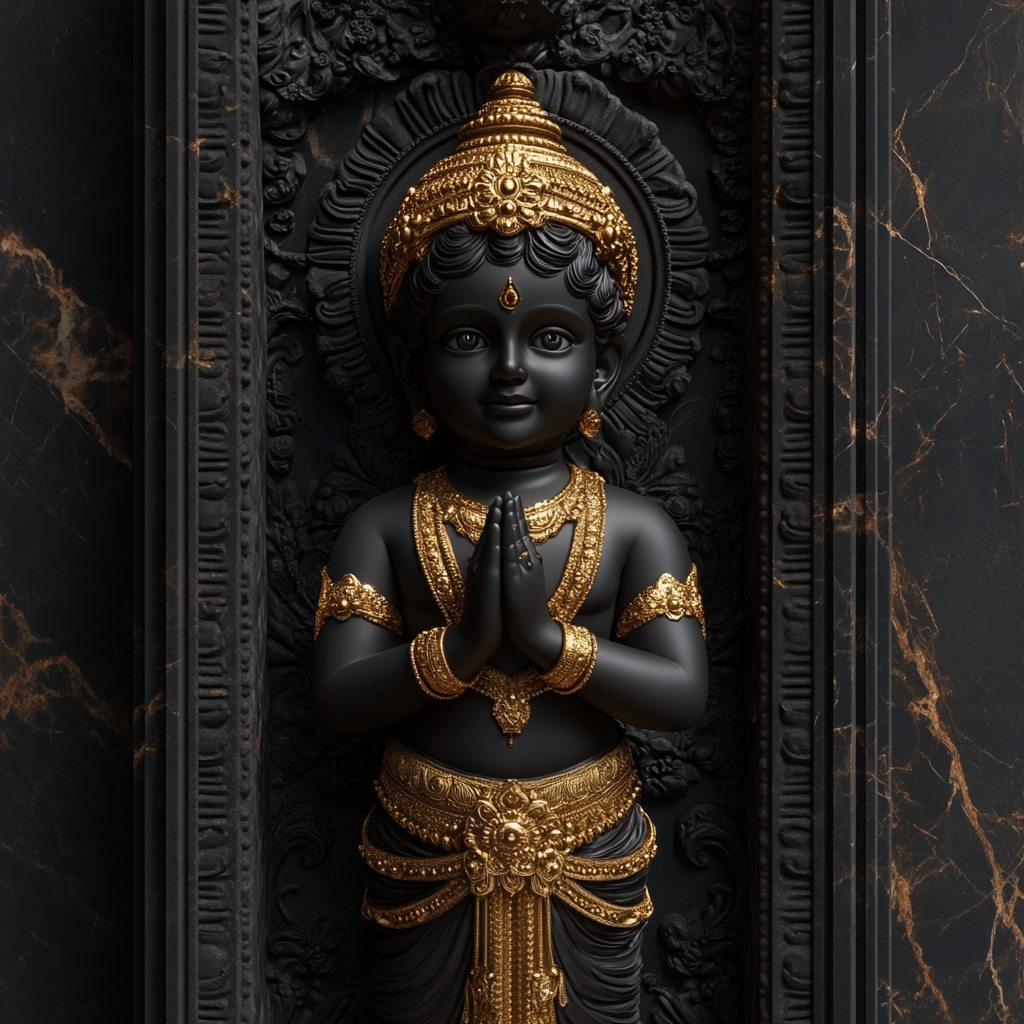 Sri Ram: Photorealistic Black Marble Sculpture with Golden Ornamentation.