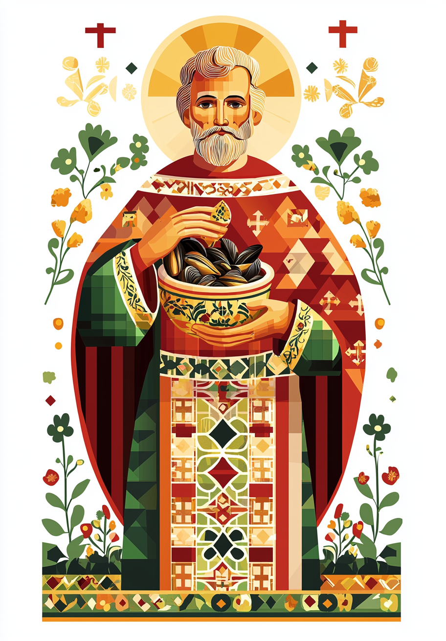 St Nicolas eats mussels in Slavic icon style