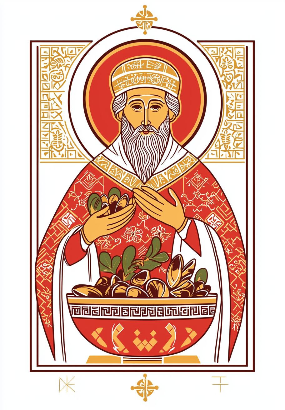 St. Nicolas Eating Mussels in Slavic Style