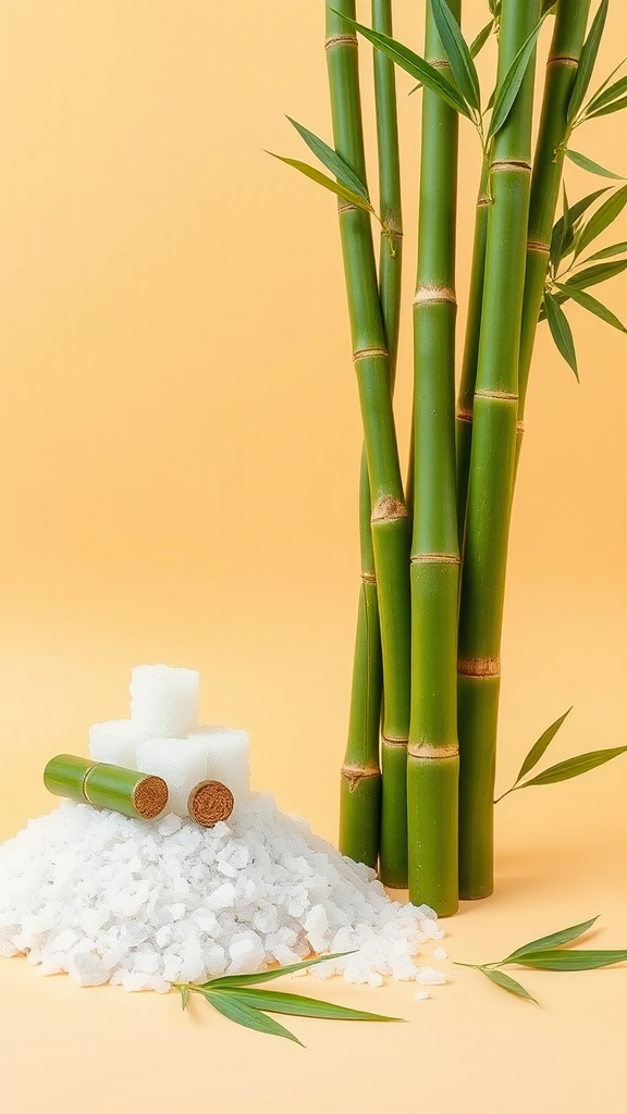 Stacked bamboo tubes, salt crystals on beige background