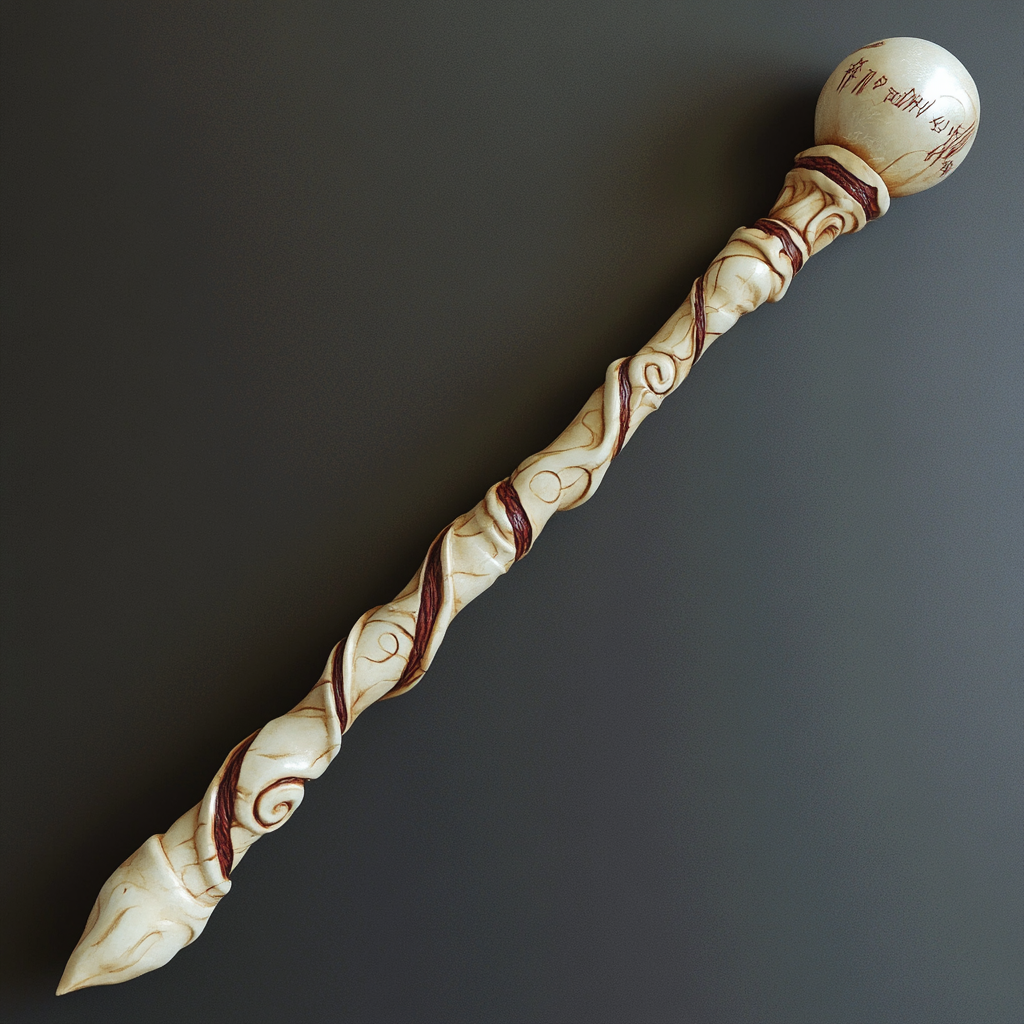 Staff made of bone with swirling maroon lines.