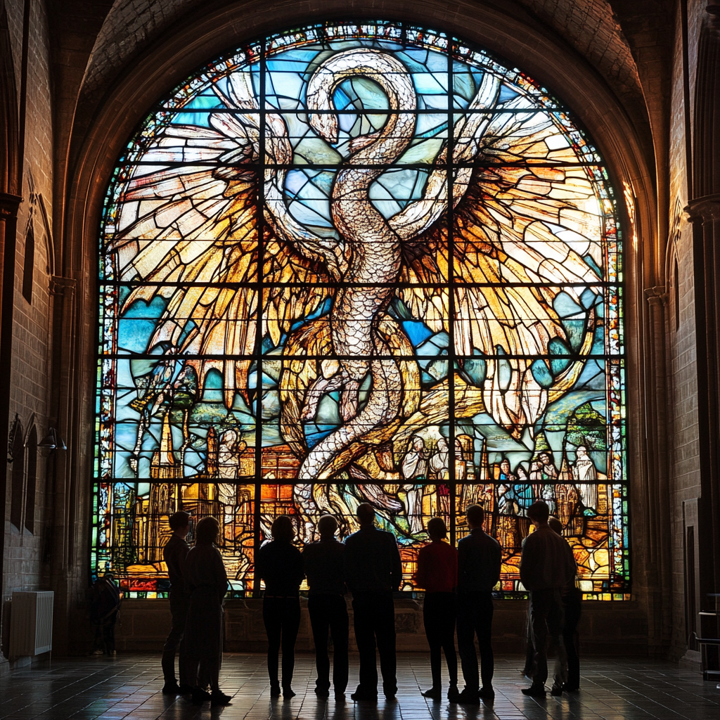 Stain glass window in church showing Silver Dragon talking.