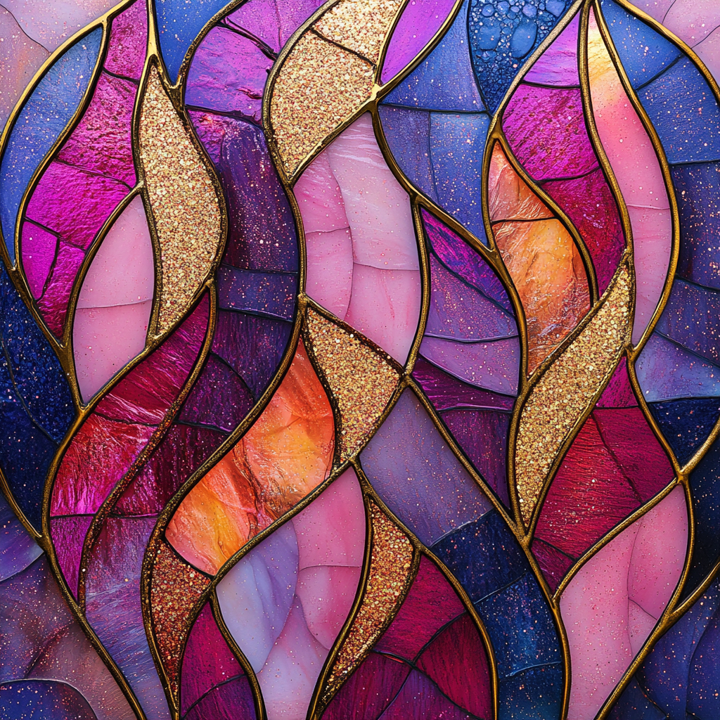 Stained glass design in pink and purple shades.