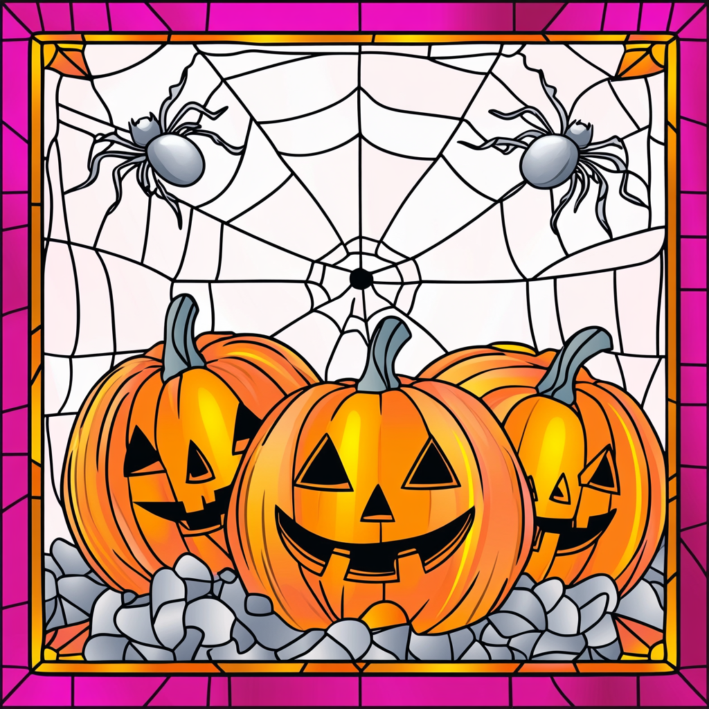 Stained glass image of jack-o-lanterns with grey spiders.