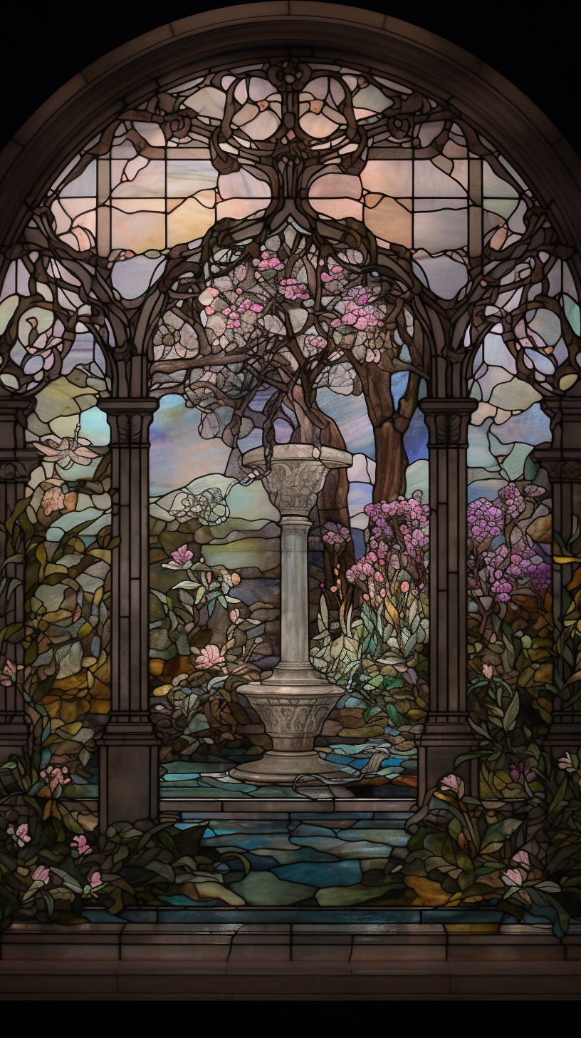 Stained glass medieval garden scene with flowers and fountain.