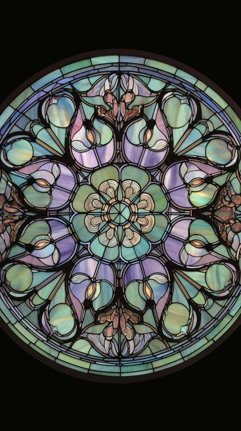 Stained glass rose window with intricate pastel design reflections.