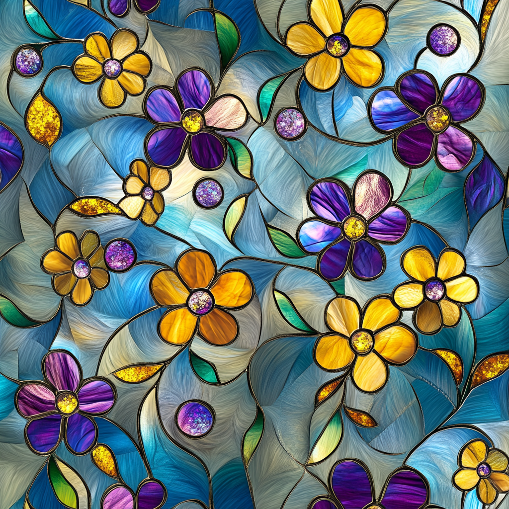 Stained glass style floral design with vibrant colors.