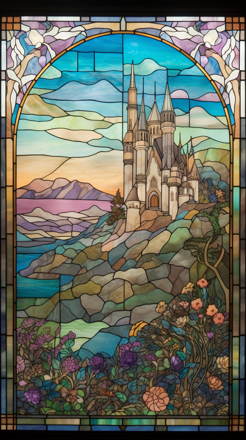 Stained glass window of medieval castle on hill.