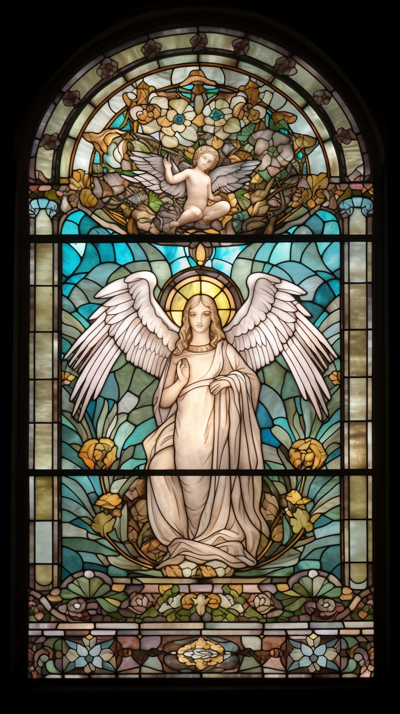 Stained glass window with angel and doves in pastel.