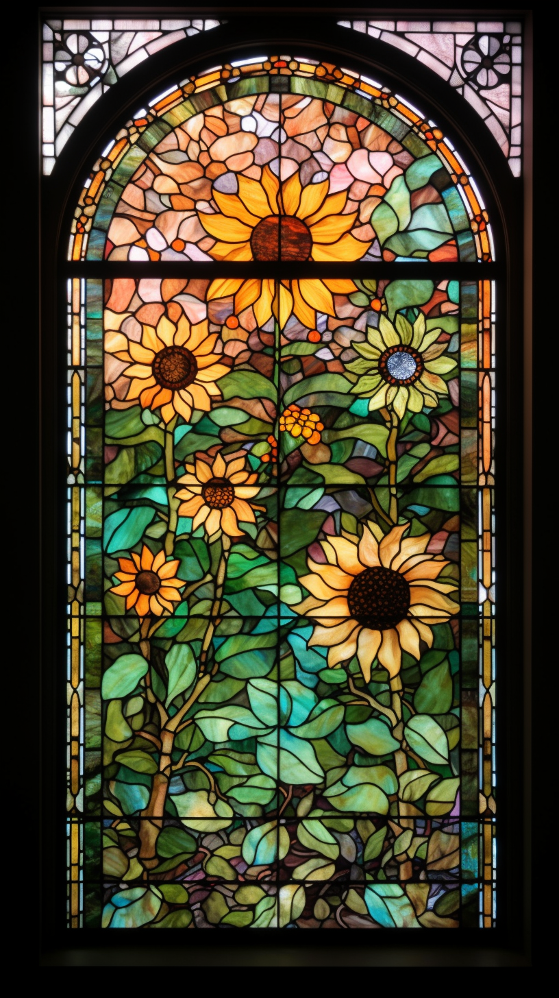 Stained glass window with sunflowers in soft pastel colors.