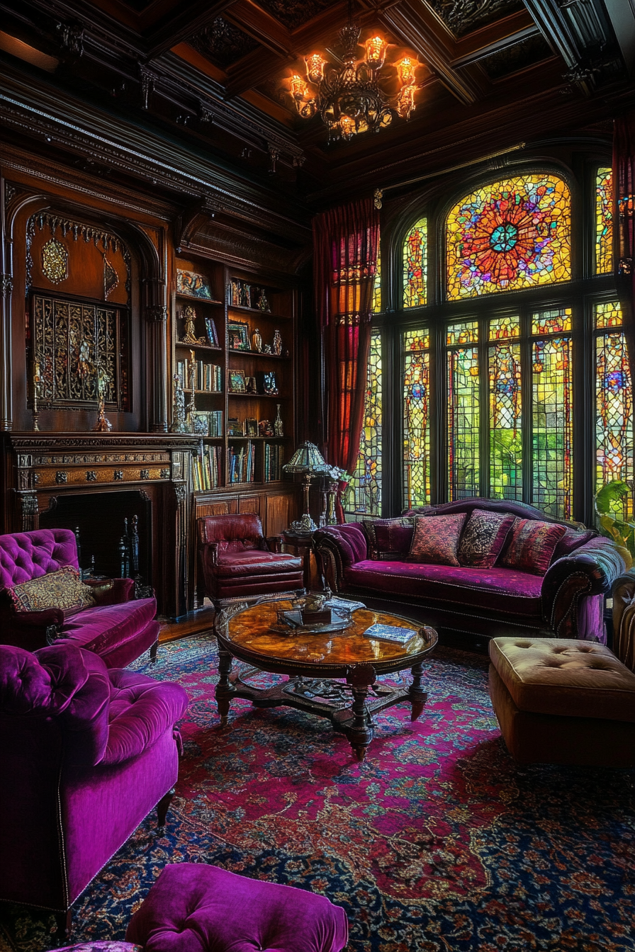 Stained glass windows illuminate modern gothic living space.