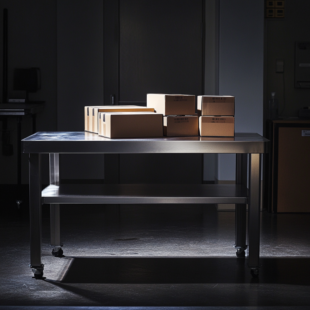 Stainless Steel Lab Table with Stacked Boxes, Cool Lighting