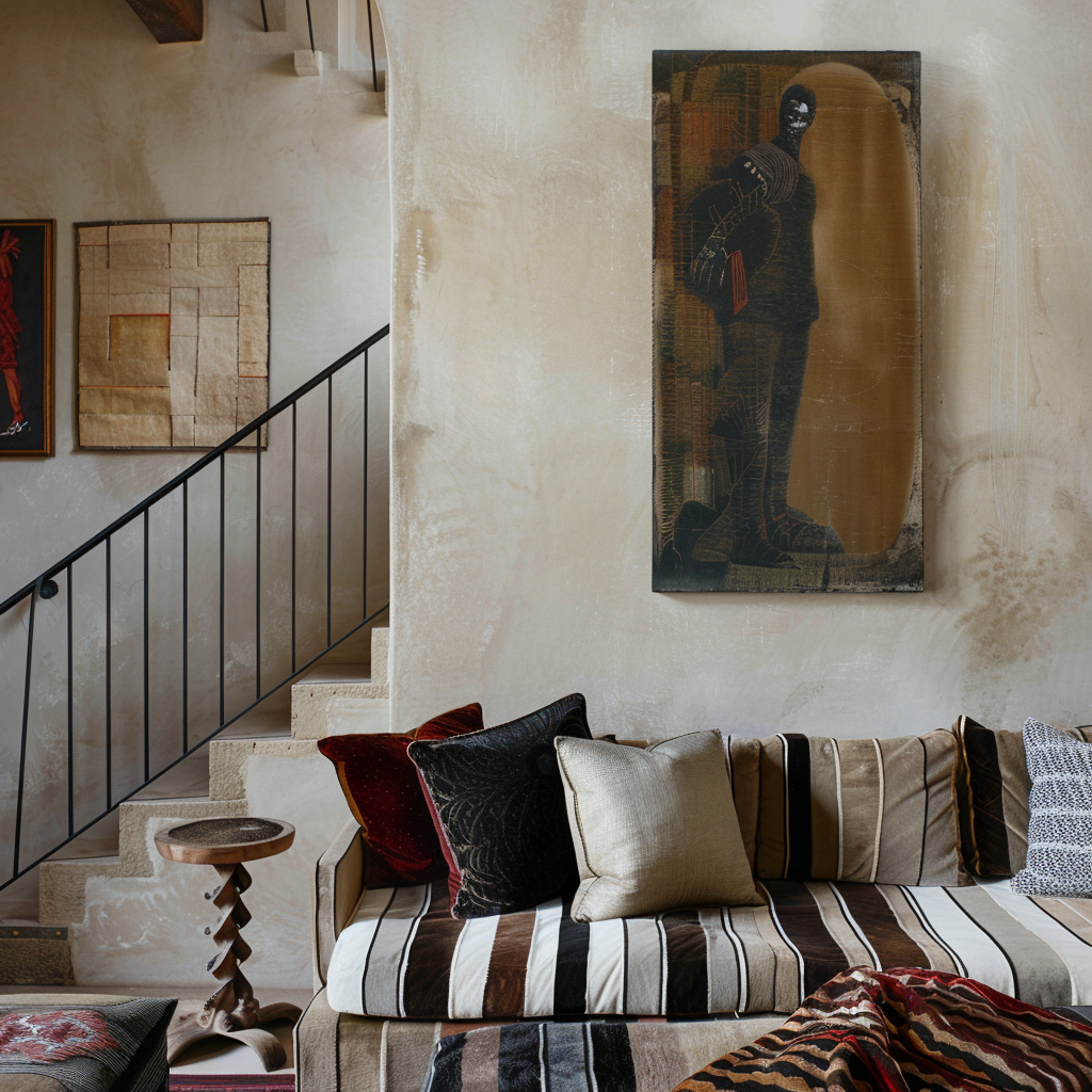 Staircase, striped couch, velvet cushions, modern vertical painting.