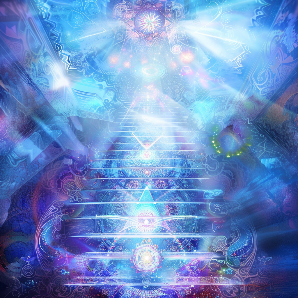 Stairs lead to heaven with radiant white energy.