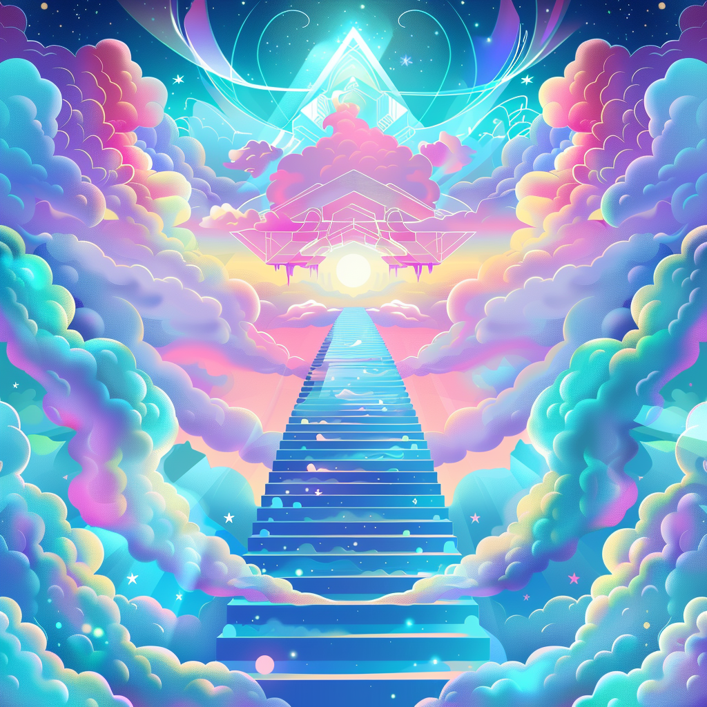 Stairs to heaven with angels and psychedelic background.