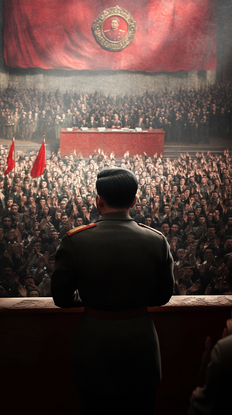 Stalin speech reenactment with fearful crowd, oppressive atmosphere.