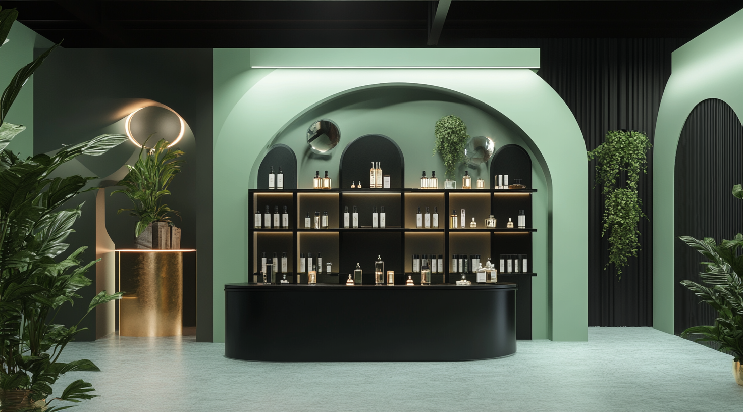 Stand for minty green & black perfume brand display.