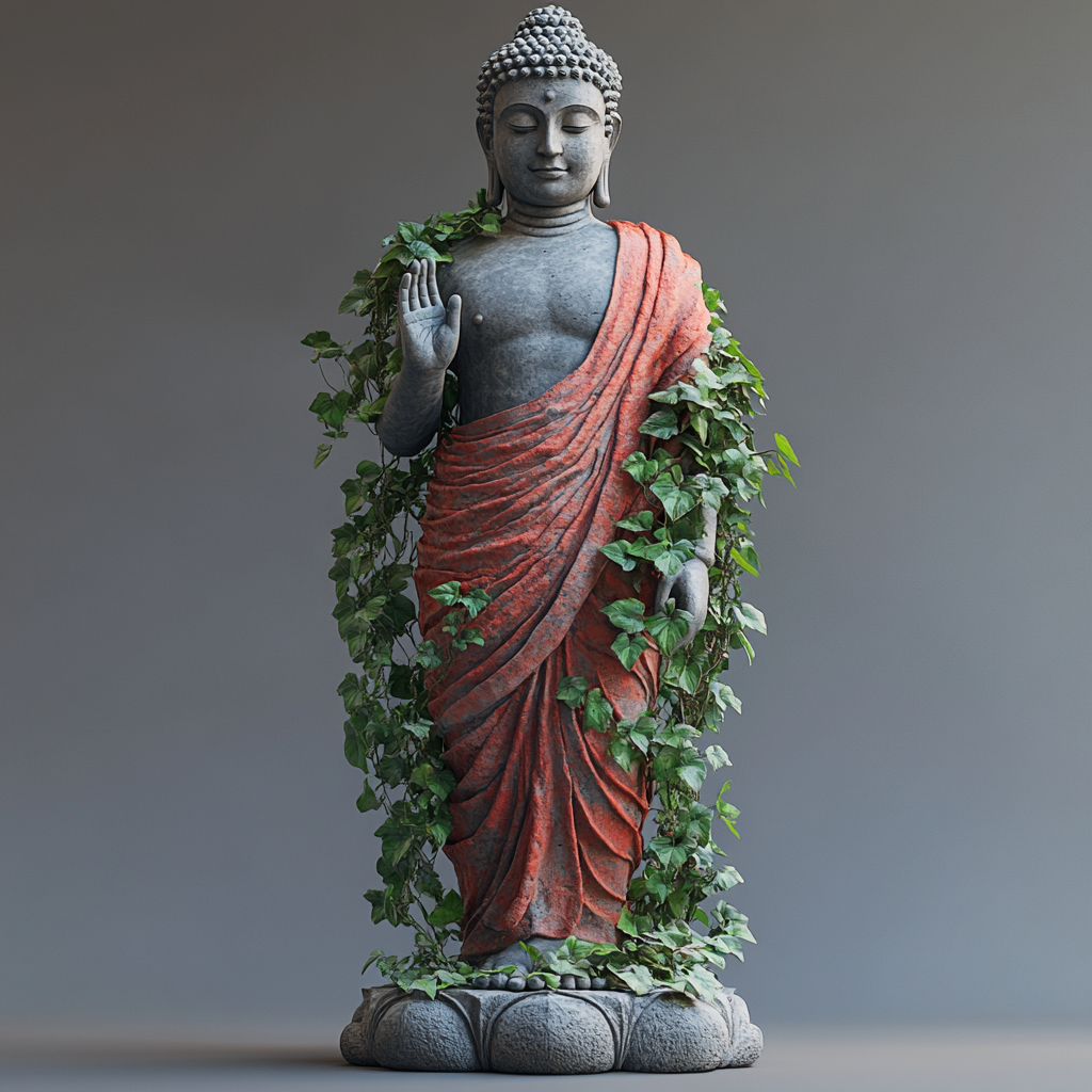 Standing Buddha statue with raised hand, red scarf, green plants