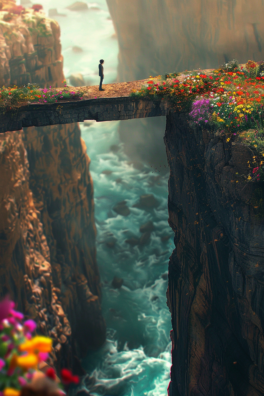 Standing on bridge above river, flowers on other side.