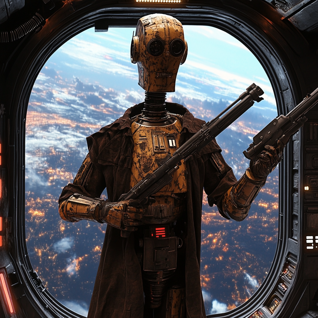 Star Wars droid wearing trench coat holding blaster carbine.