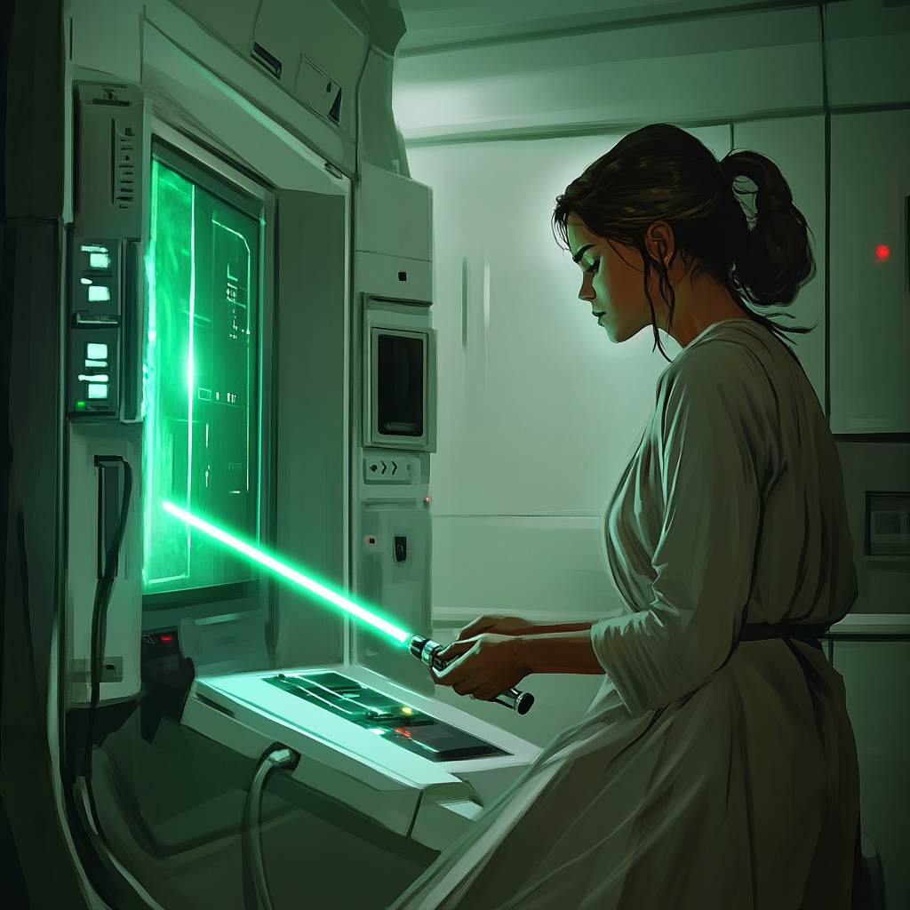 Star Wars female Jedi in medical room knocked unconscious.