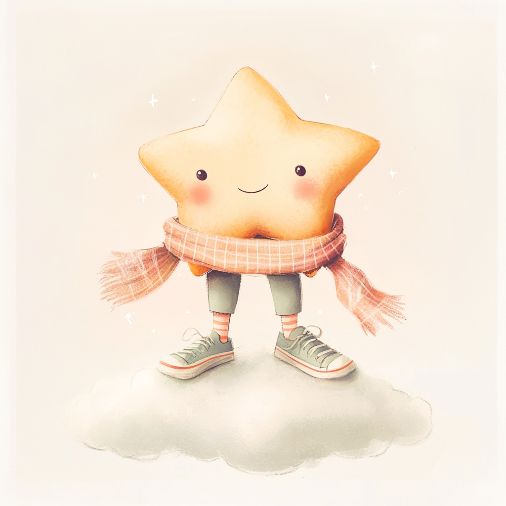 Star with scarf and shoes floating in sky on cloud.