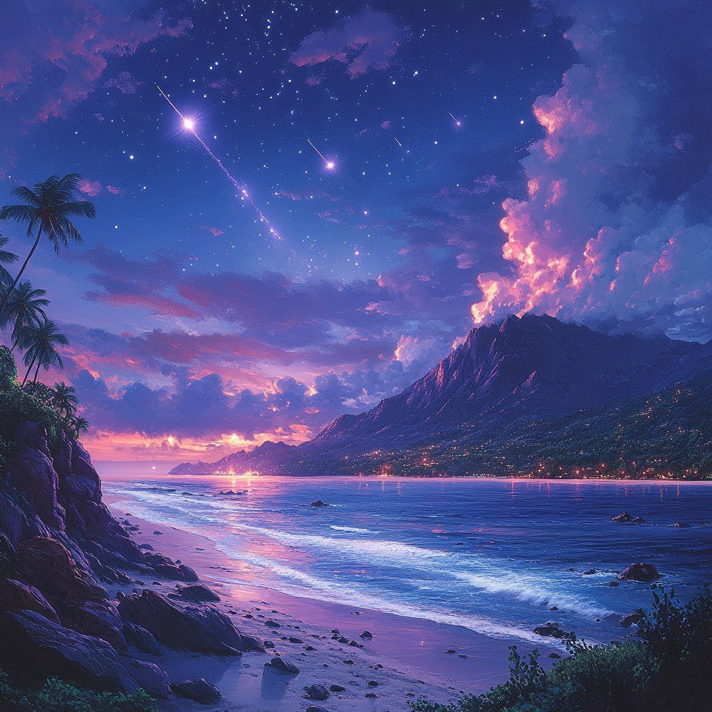 Starry night at beach with purple water flow