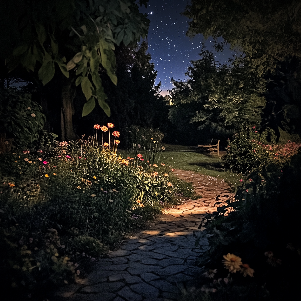 Starry night garden scene with moonlight on flowers - iPhone 15 pro