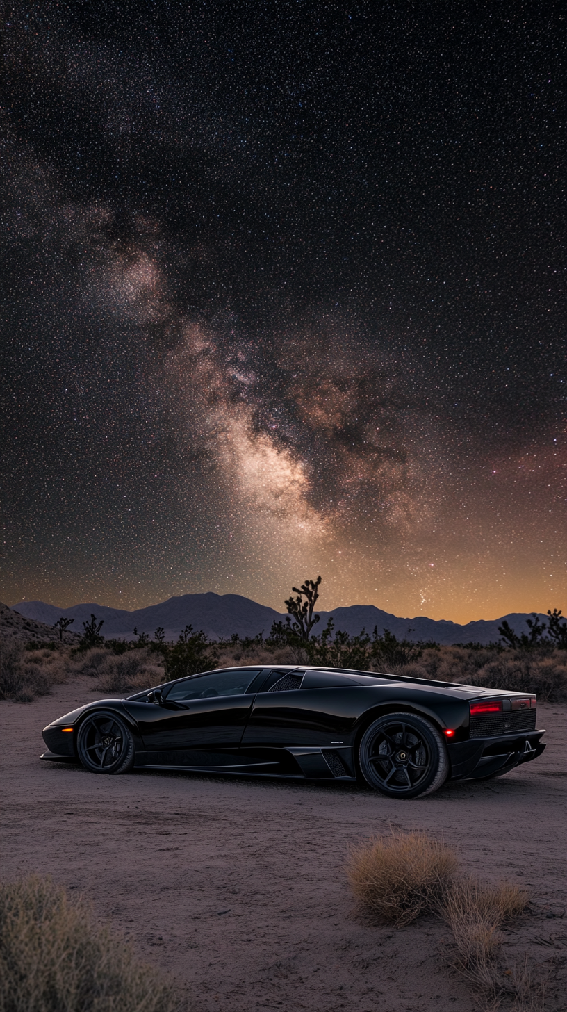 Starry night sky over matte black Lamborghini Murcielago.