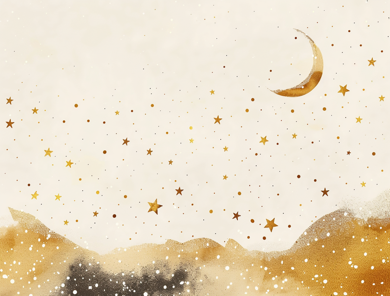 Starry sky with glittering gold dots and moon.