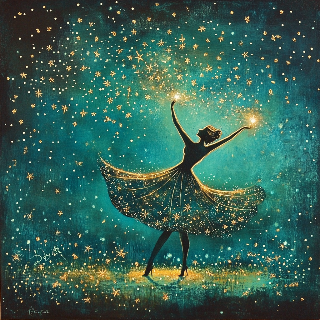 Stars shine, dance in night for happy woman.