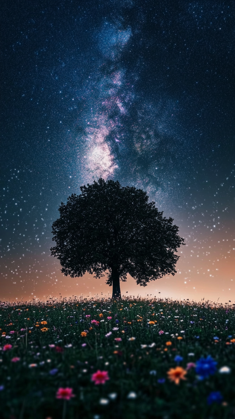 Stars twinkle in vast, cloudless sky above lone tree.