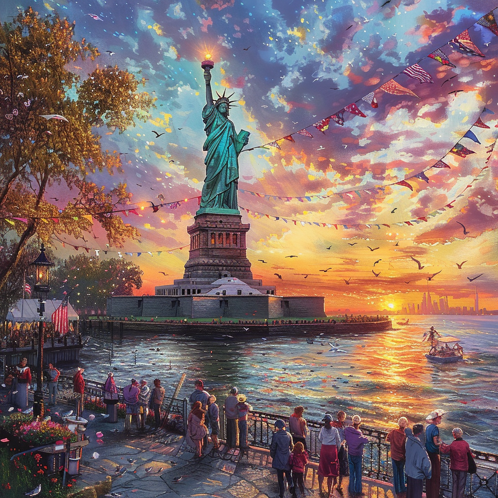 Statue of Liberty at sunset with patriotic banners.