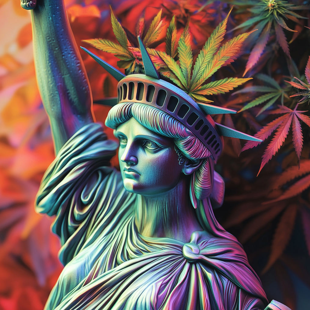 Statue of Liberty close up with cannabis leaves.