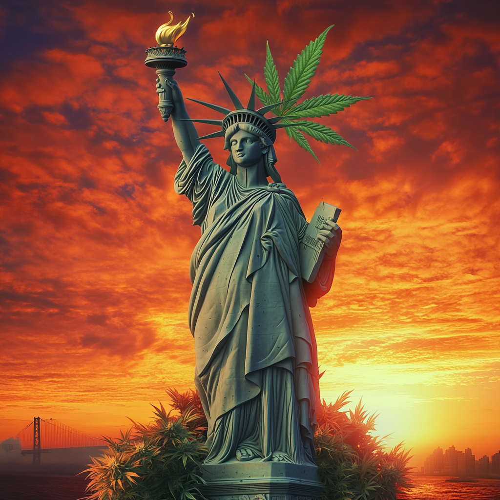 Statue of Liberty photo with cannabis crown under sunrise.