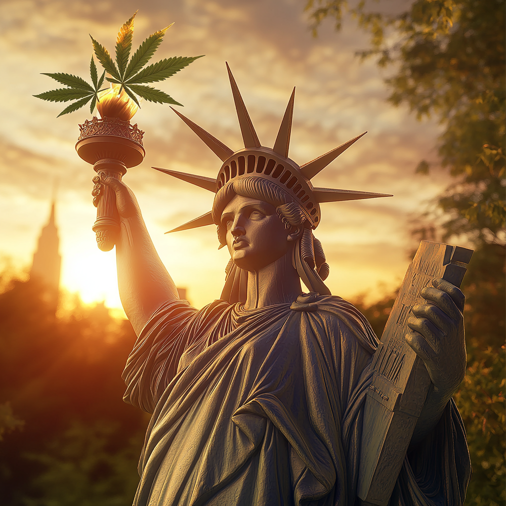 Statue of Liberty with cannabis crown and torch leaf