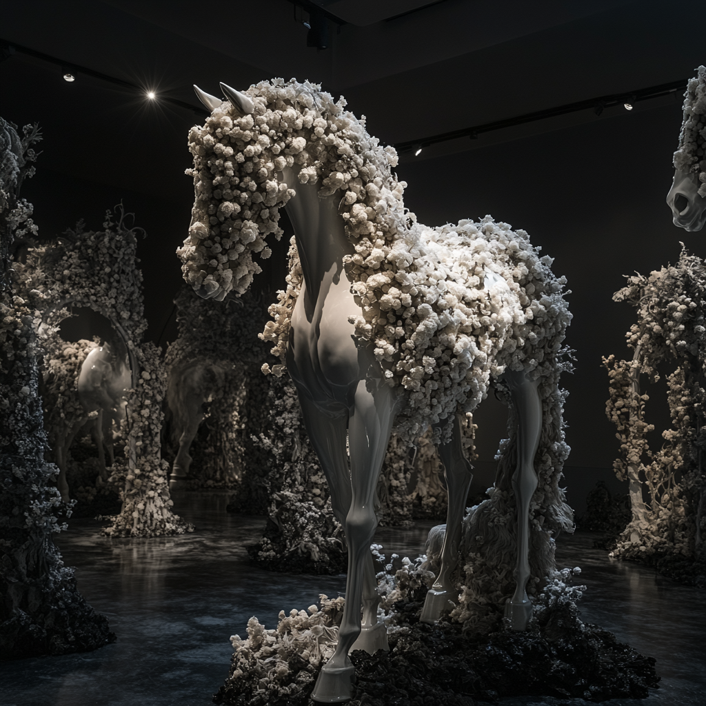 Statue of horse surrounded by flowers in cool lighting.