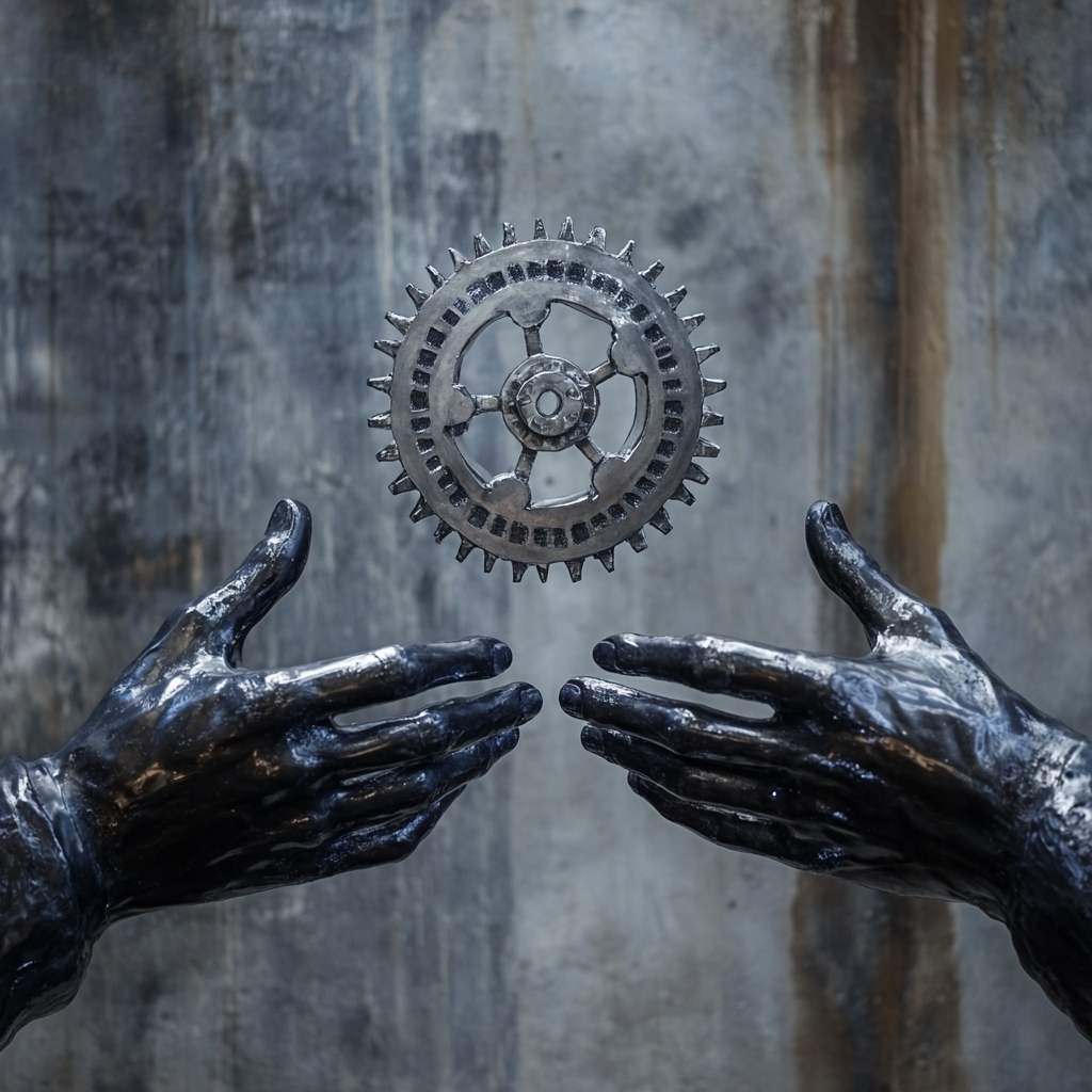 Statues hands facing each other with floating silver gear.