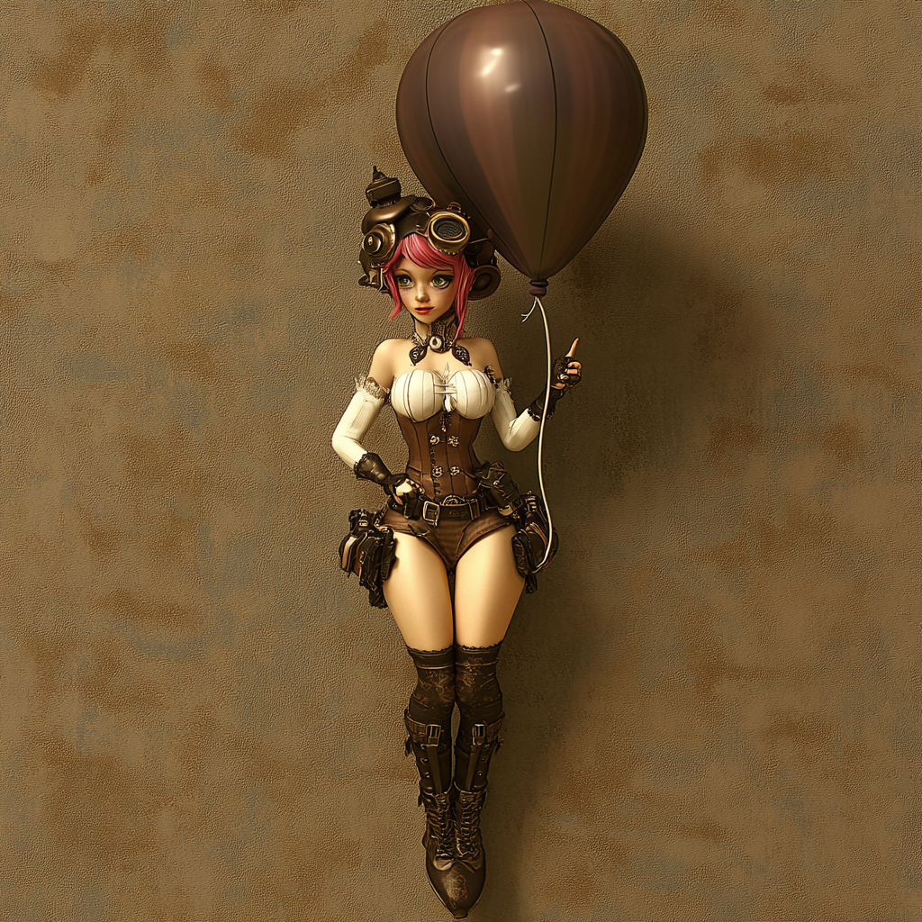 Steam Punk Lady Inflating Big Balloon with Pink Hair