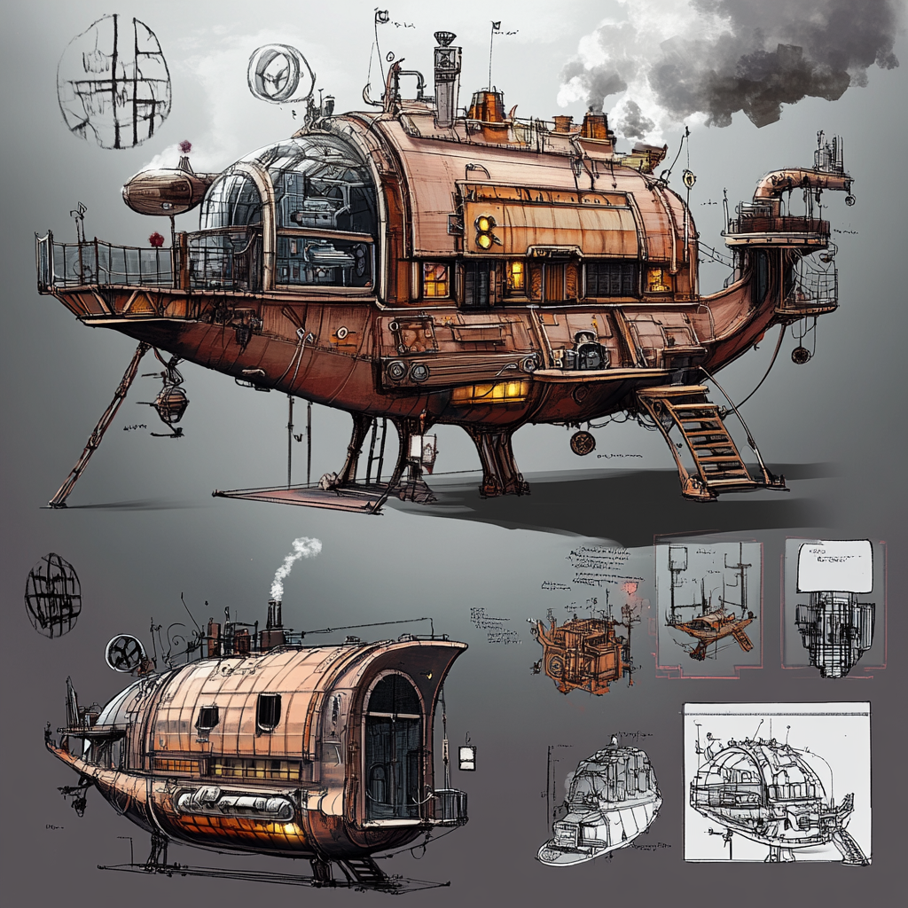 Steam punk flying ship concept art module design