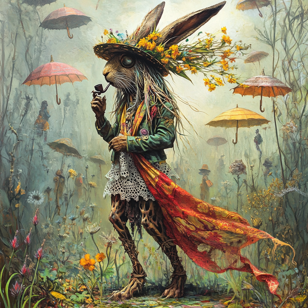 Steam punk rabbit with pipe in abstract forest perspective.