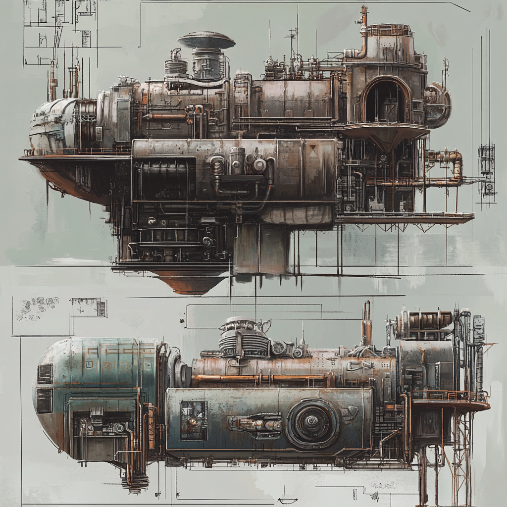 Steam punk ship part made of junk, living space concept.