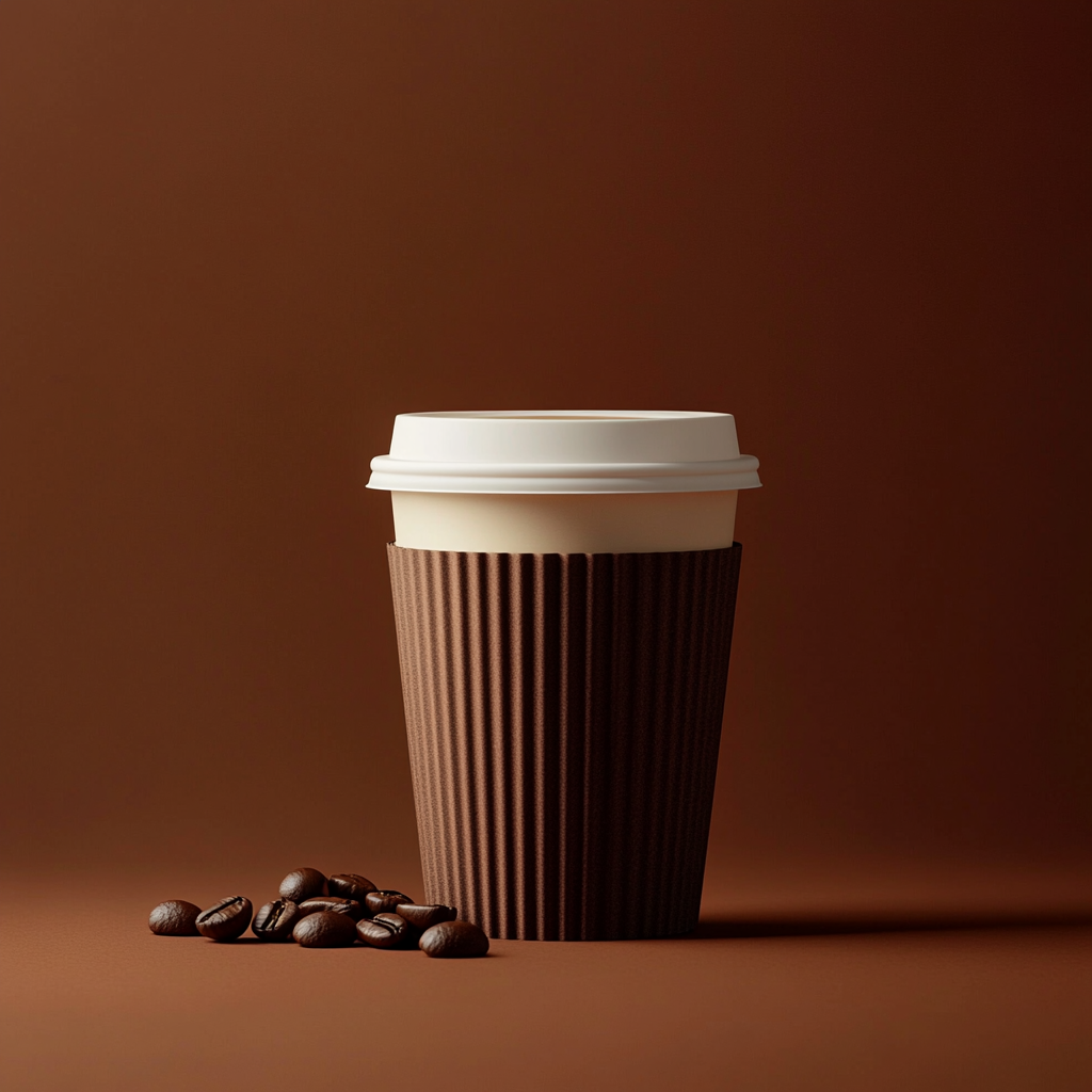 Steaming coffee cup with fresh beans, like Starbucks.