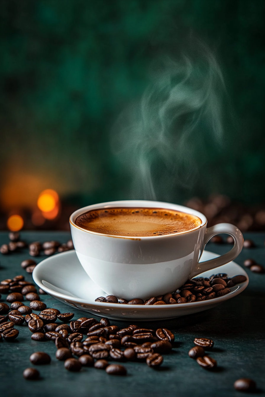 Steaming coffee cup with roasted beans on green background.