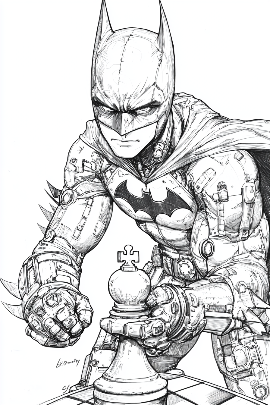 Steampunk Batman boy merging into white knight chess piece.