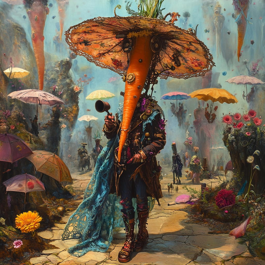 Steampunk Carrot Smoking Pipe Among Multisized Umbrellas 