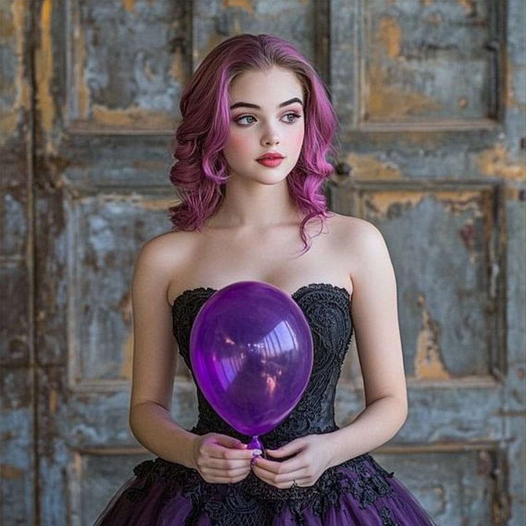 Steampunk Lady Inflating Big Purple Balloon with Cinematic Lighting